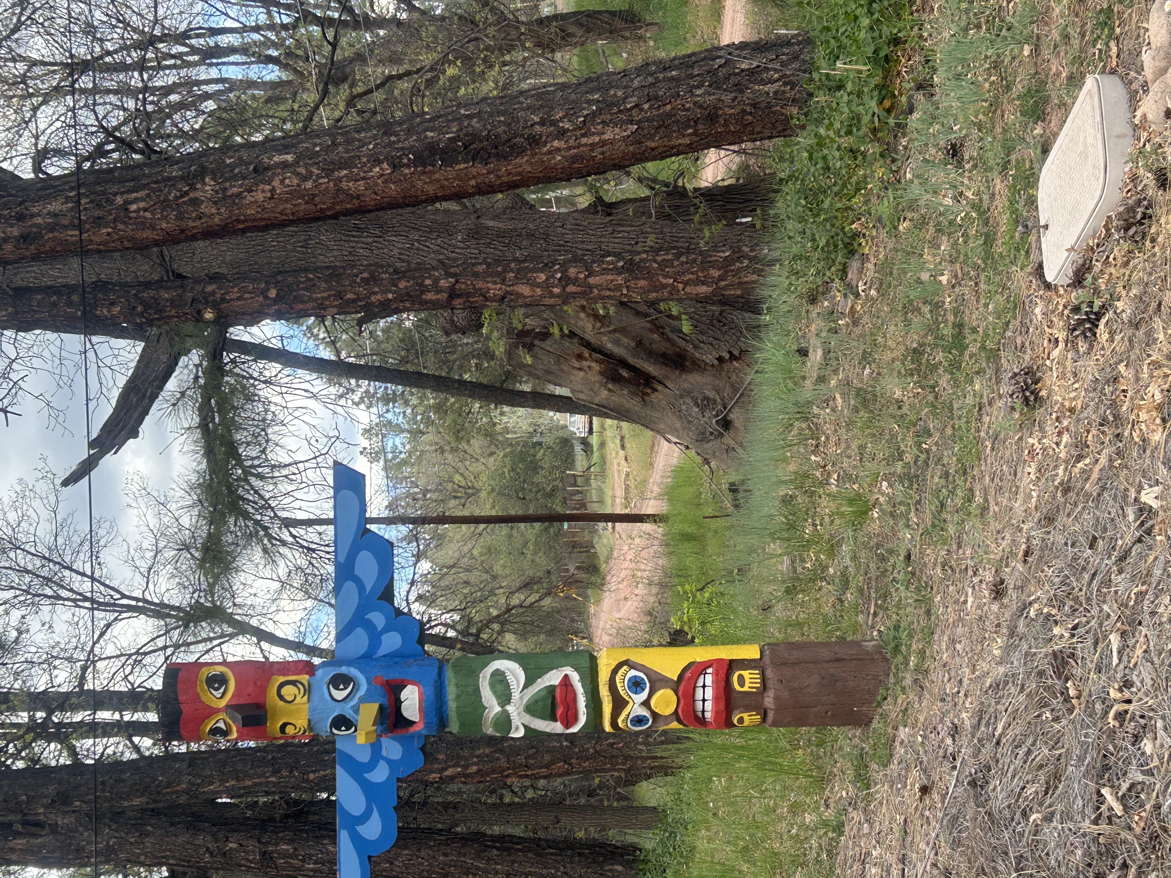 Painted totem pole marking a driveway along the road